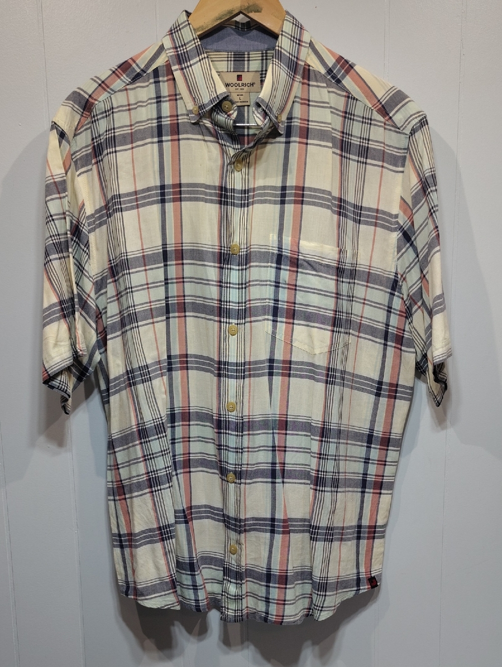 Woolrich Button Down Shirt Red White Blue size Large Casual Lightweight Summer